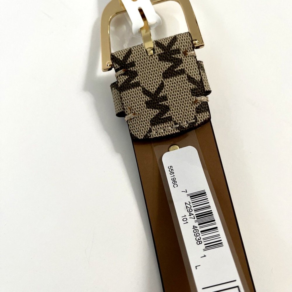 NWT Original MICHAEL KORS Signature Brown Beige Gold Belt 556196C Logo Brand - Picture 8 of 8